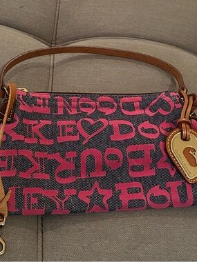 Dooney & Bourke Pink Logo Denim Wristlet with Brown Leather Trim